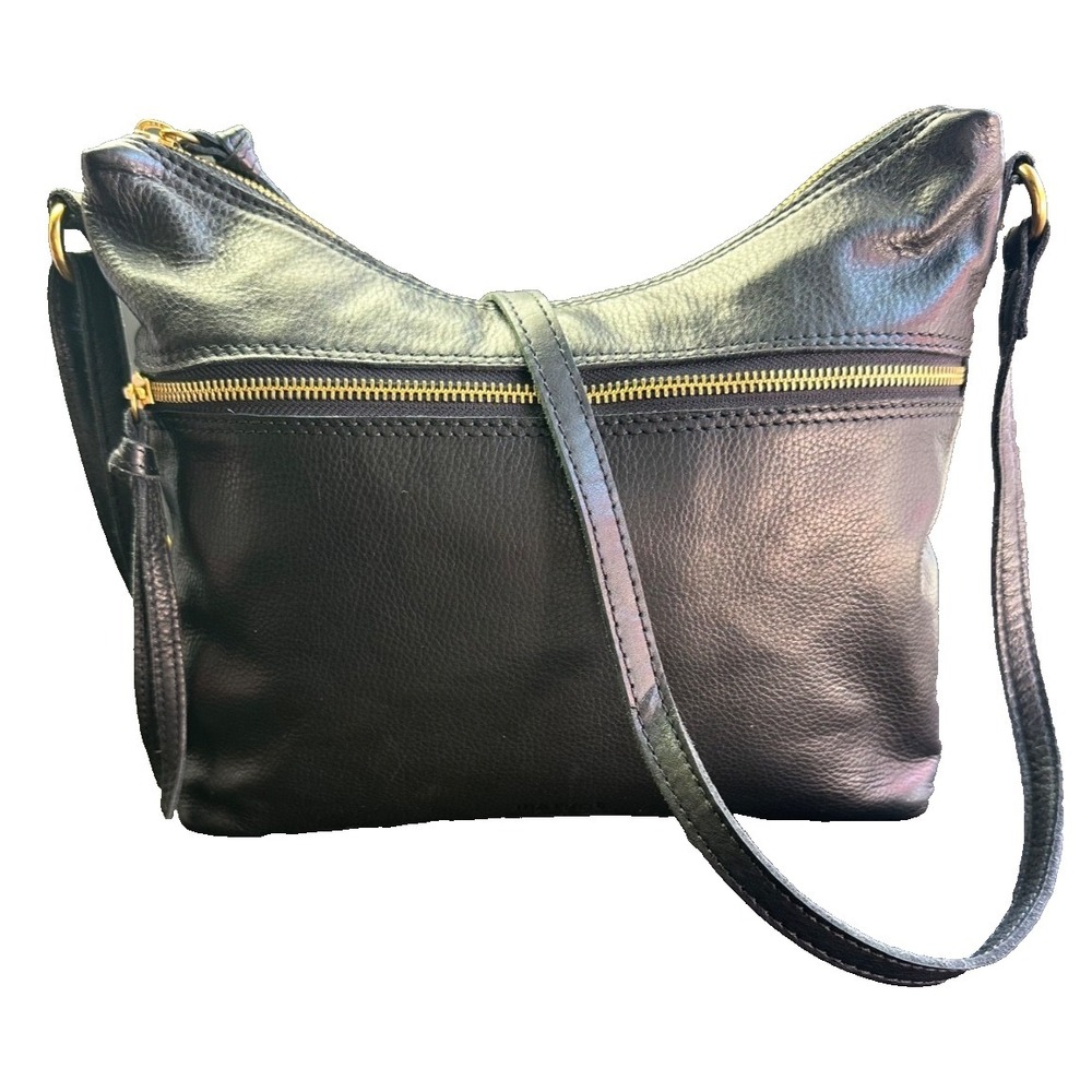 Margot NY Mary Scoop Black Leather Shoulder Bag Double Zip Pockets Gold Hardware